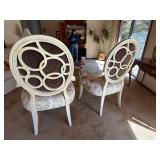 Pair Oval Back Upholstered Host Chairs Floral Fabric Cream Finish