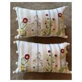 Set of 2 Floral Embroidered Accent Throw Pillows Striped Pom Trim