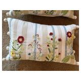 Set of 2 Floral Embroidered Accent Throw Pillows Striped Pom Trim