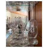 Vintage Etched Floral Glass Decanter Set w 6 Cordial Glasses
