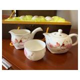 Chinese Porcelain Tea Set w/ 6 Cups Teapot Creamer Boxed Floral Bird