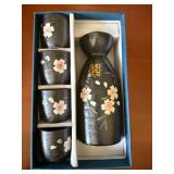 Kiyoshi Ceramic Sake Set Black Cherry Blossom Tokkuri 4 Cups Boxed