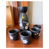Kiyoshi Ceramic Sake Set Black Cherry Blossom Tokkuri 4 Cups Boxed