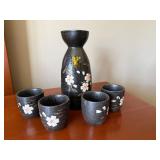 Kiyoshi Ceramic Sake Set Black Cherry Blossom Tokkuri 4 Cups Boxed