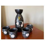 Kiyoshi Ceramic Sake Set Black Cherry Blossom Tokkuri 4 Cups Boxed