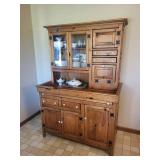 Oak China Cabinet Hutch with Glass Doors, 4 Drawers & Side Cabinet - Vintage