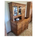 Oak China Cabinet Hutch with Glass Doors, 4 Drawers & Side Cabinet - Vintage