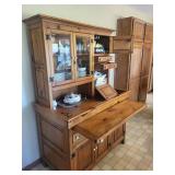 Oak China Cabinet Hutch with Glass Doors, 4 Drawers & Side Cabinet - Vintage