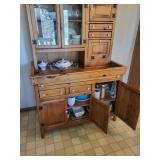 Oak China Cabinet Hutch with Glass Doors, 4 Drawers & Side Cabinet - Vintage