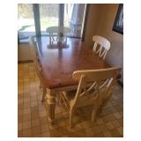 Wood Dining Table Set with 6 Cream Chairs - 54 x 38 x 31 in - Easily recover the chair seats - currently have two different upholsties