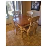 Wood Dining Table Set with 6 Cream Chairs - 54 x 38 x 31 in - Easily recover the chair seats - currently have two different upholsties