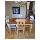 Wood Dining Table Set with 6 Cream Chairs - 54 x 38 x 31 in - Easily recover the chair seats - currently have two different upholsties