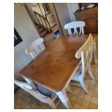 Wood Dining Table Set with 6 Cream Chairs - 54 x 38 x 31 in - Easily recover the chair seats - currently have two different upholsties