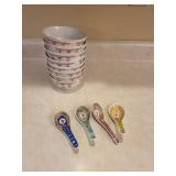 Chinese Porcelain Bowls - 9-Piece Set with Red Geometric Border (Guangxi Hezhou Mark)