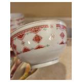 Chinese Porcelain Bowls - 9-Piece Set with Red Geometric Border (Guangxi Hezhou Mark)