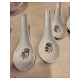ZM Brand Porcelain Bowl Set with Spoons - Floral Pink/Blue Pattern, Gold Rim
