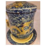 Dragon-Patterned Blue Porcelain Teapot With Infuser - Yellow Handle And Lid