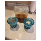 Teal Blue Glass Beaded Rim Hurricane Candle Holder
