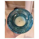 Teal Blue Glass Beaded Rim Hurricane Candle Holder