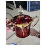 F.B. Rogers Silversmiths 1182 Red Glass Crystal Set with Lids & Gold Trim