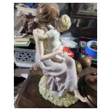 Porcelain Mother & Child Figurine with Floral Base - Pastel Hand-Painted