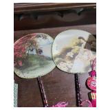 Two Floral Round Chinese Fans with Boxed Decorated Chopsticks & Cloisonné Vase