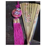 Two Floral Round Chinese Fans with Boxed Decorated Chopsticks & Cloisonné Vase