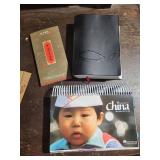 Two Floral Round Chinese Fans with Boxed Decorated Chopsticks & Cloisonné Vase