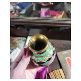 Two Floral Round Chinese Fans with Boxed Decorated Chopsticks & Cloisonné Vase