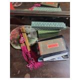 Two Floral Round Chinese Fans with Boxed Decorated Chopsticks & Cloisonné Vase