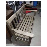 Weathered Wood Garden Bench with Slatted Seat and Armrests