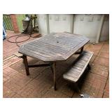 Outdoor Wood Patio Dining Table Set w/ Umbrella Hole & 2 Benches Weathered