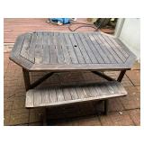 Outdoor Wood Patio Dining Table Set w/ Umbrella Hole & 2 Benches Weathered