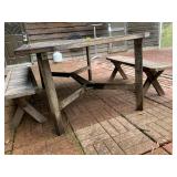 Outdoor Wood Patio Dining Table Set w/ Umbrella Hole & 2 Benches Weathered