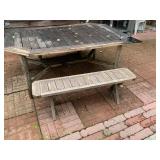 Outdoor Wood Patio Dining Table Set w/ Umbrella Hole & 2 Benches Weathered