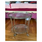 Vintage 2-Tier Oval Glass Tea Cart Trolley Metal Frame Casters