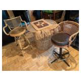 Vintage Rattan Bar Stools, Wicker Drum Table & Throw, Good Condition