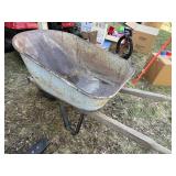 Vintage Steel Wheelbarrow Wood Handles Single Wheel Rustic Garden Cart