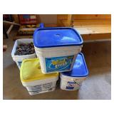 Lot of 5 Plastic Storage Buckets w/ Lids & River Rocks Garage Utility