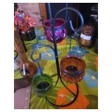 Amber Diamond-Cut Glass Jar Lantern & Metal Candle Holder Stand with 3 Colored Glass Cups