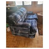 Sofa - Navy/Blue Abstract Brushstroke Upholstery with Wood Arm Accents