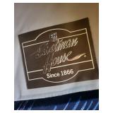 Sofa - Navy/Blue Abstract Brushstroke Upholstery with Wood Arm Accents