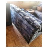 Sofa - Navy/Blue Abstract Brushstroke Upholstery with Wood Arm Accents