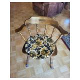 Vintage Oak Spindle-Back Chair with Round Floral Upholstered Seat