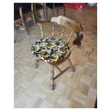 Vintage Oak Spindle-Back Chair with Round Floral Upholstered Seat