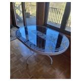 oval Glass outdoor Dining Table - 50-in Diameter with Frosted Geometric Etching, White Base