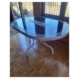 oval Glass outdoor Dining Table - 50-in Diameter with Frosted Geometric Etching, White Base