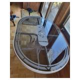 oval Glass outdoor Dining Table - 50-in Diameter with Frosted Geometric Etching, White Base