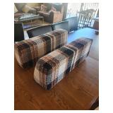 Pair of Plaid Fabric Bolster Cushions - Beige Brown Black - Rectangular