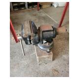 Vintage Cast-Iron Bench Vise with Long Handle on Wood Base